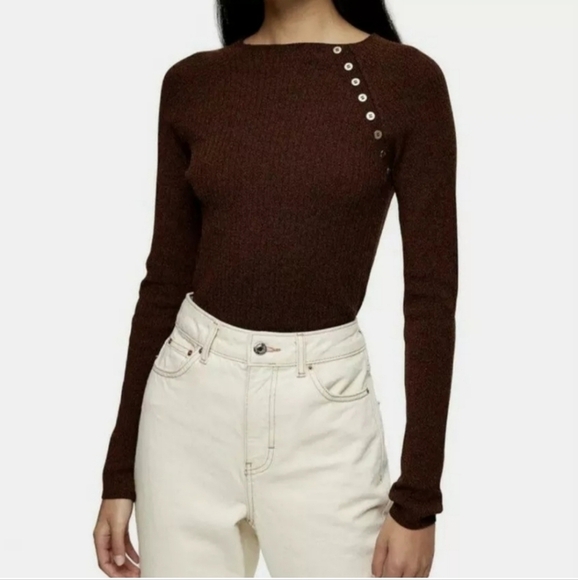 Topshop Sweaters - Nwt Topshop Women's Button Placket Knitted Sweater Size 14 Brown